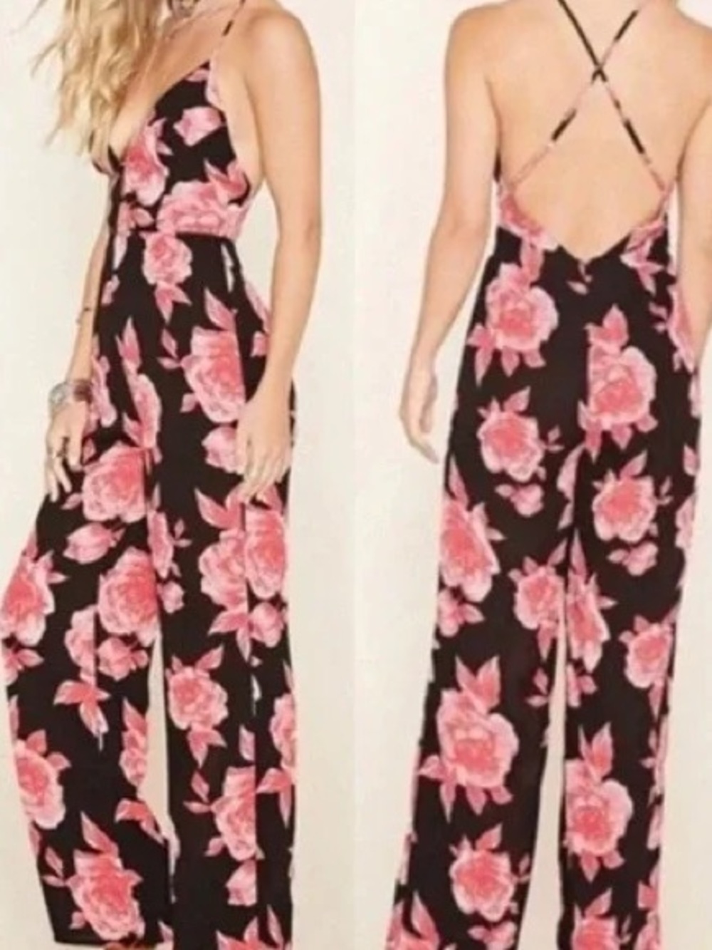 Black + Pink Floral Jumpsuit - Size: M